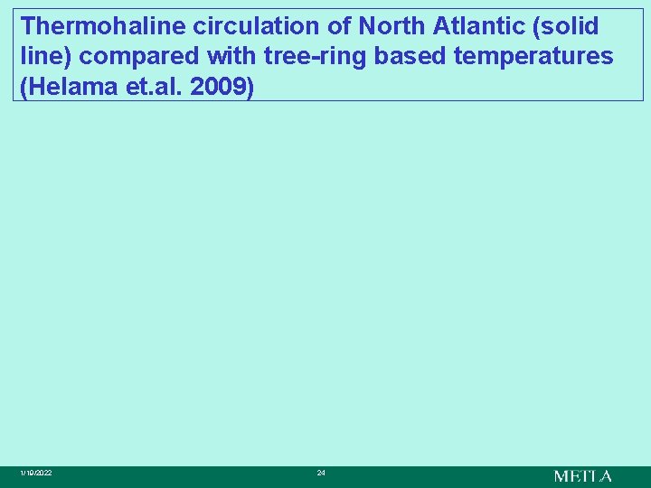Thermohaline circulation of North Atlantic (solid line) compared with tree-ring based temperatures (Helama et.