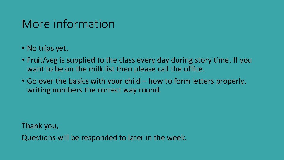 More information • No trips yet. • Fruit/veg is supplied to the class every