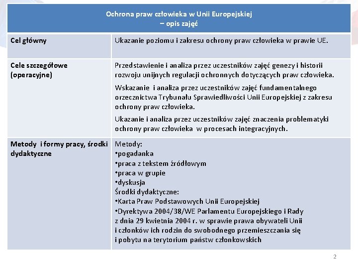 Ochrona praw człowieka w Unii Europejskiej – opis zajęć Cel główny Ukazanie poziomu i