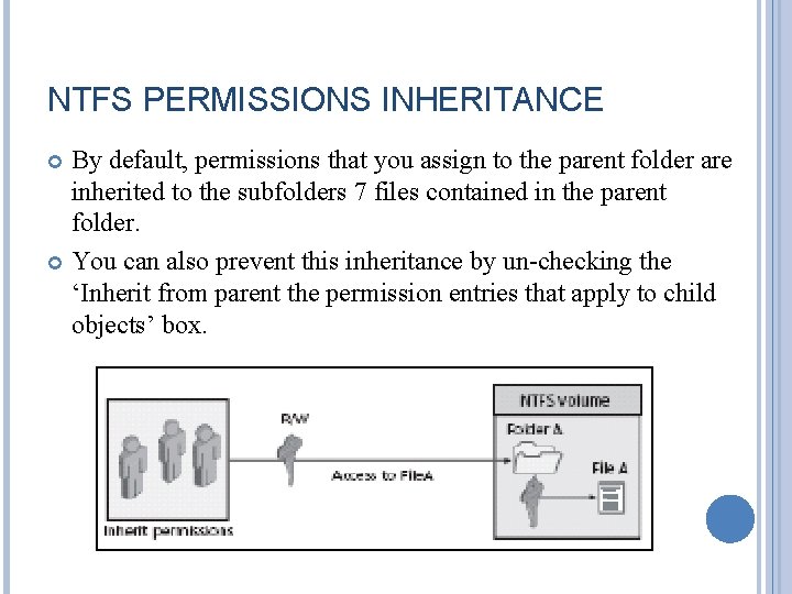 NTFS PERMISSIONS INHERITANCE By default, permissions that you assign to the parent folder are