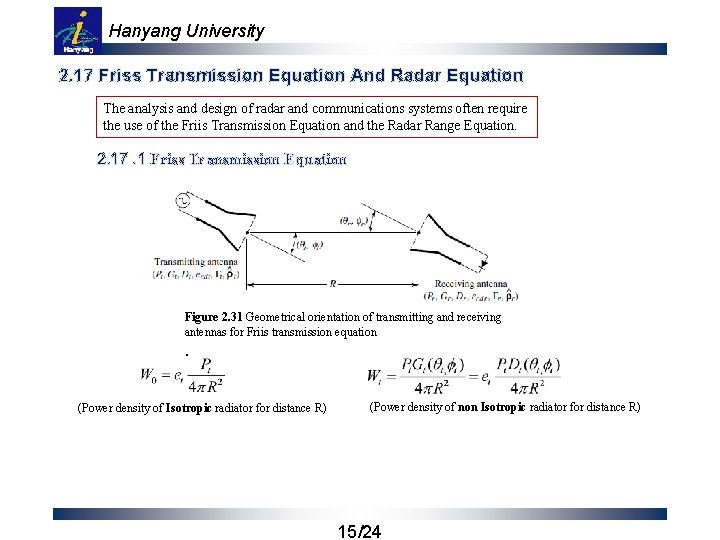 Hanyang University 2. 17 Friss Transmission Equation And Radar Equation The analysis and design