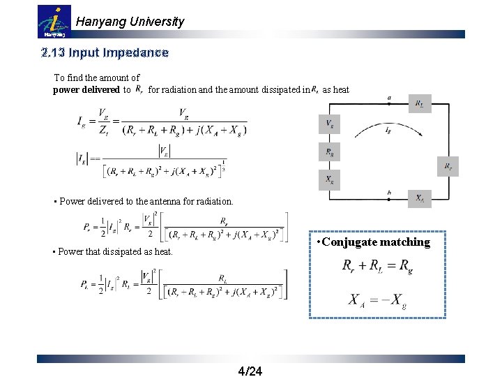 Hanyang University 2. 13 Input Impedance To find the amount of power delivered to