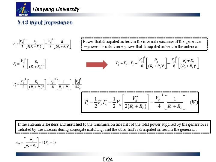 Hanyang University 2. 13 Input Impedance Power that dissipated as heat in the internal