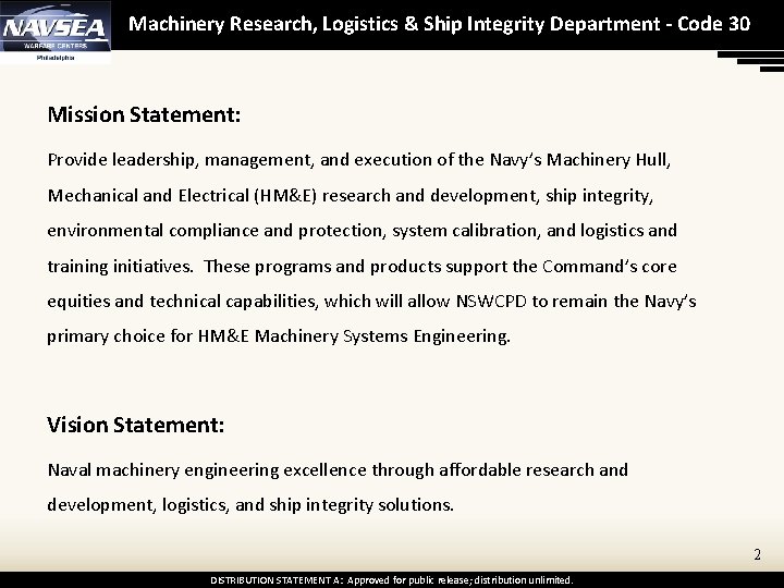 Machinery Research, Logistics & Ship Integrity Department - Code 30 Mission Statement: Provide leadership,