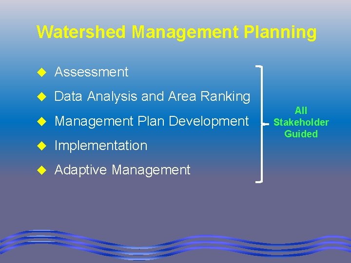 Watershed Management Planning u Assessment u Data Analysis and Area Ranking u Management Plan