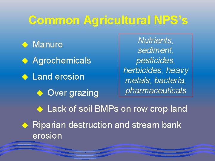 Common Agricultural NPS’s u Manure u Agrochemicals u Land erosion u Over grazing Nutrients,