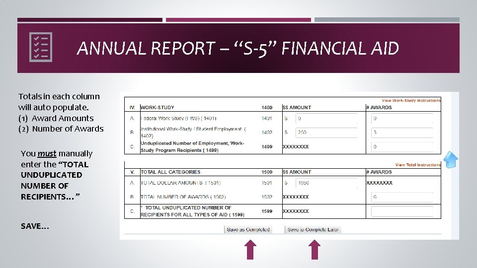 ANNUAL REPORT – “S-5” FINANCIAL AID Totals in each column will auto populate. (1)