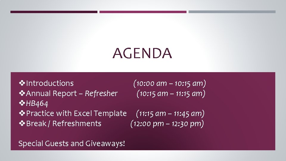 AGENDA v. Introductions (10: 00 am – 10: 15 am) v. Annual Report –