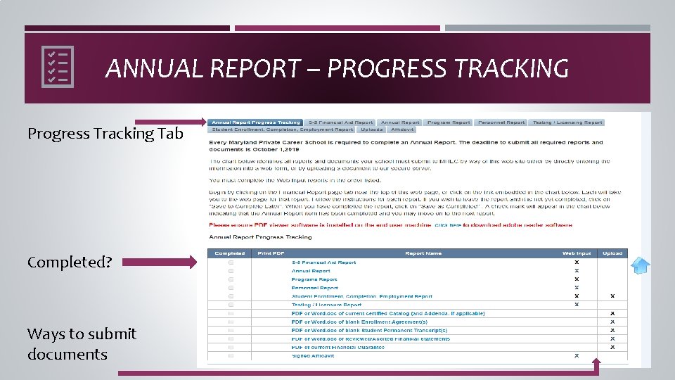 ANNUAL REPORT – PROGRESS TRACKING Progress Tracking Tab Completed? Ways to submit documents 