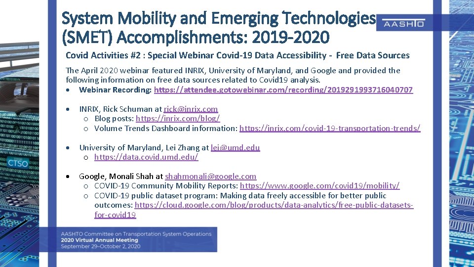 System Mobility and Emerging Technologies (SMET) Accomplishments: 2019 -2020 Covid Activities #2 : Special System Mobility and Emerging Technologies (SMET) Accomplishments: 2019 -2020 Covid Activities #2 : Special