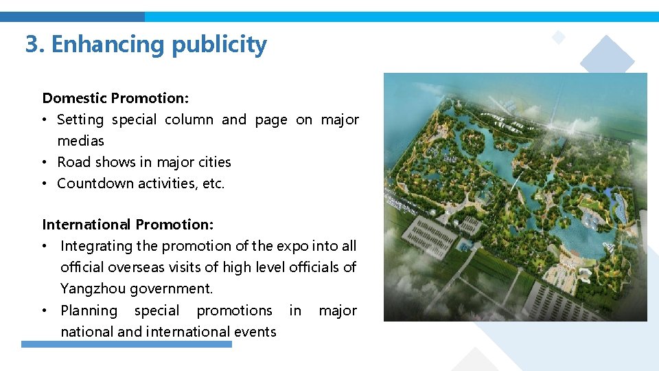 3. Enhancing publicity Domestic Promotion: • Setting special column and page on major medias