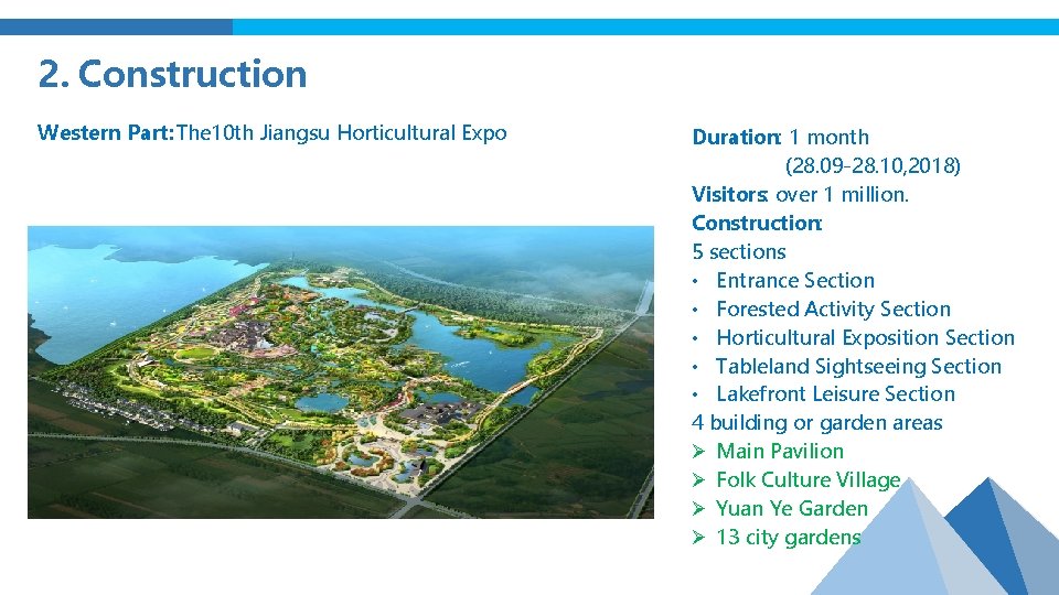 2. Construction Western Part: The 10 th Jiangsu Horticultural Expo Duration: 1 month (28.