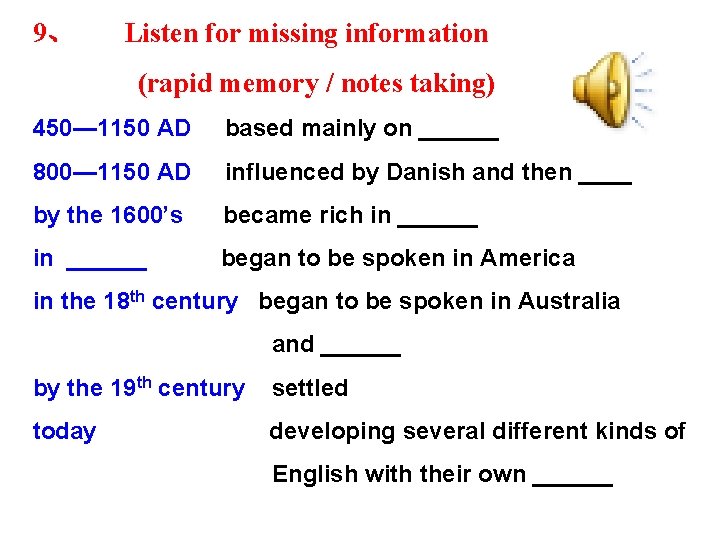9、 Listen for missing information (rapid memory / notes taking) 450— 1150 AD based