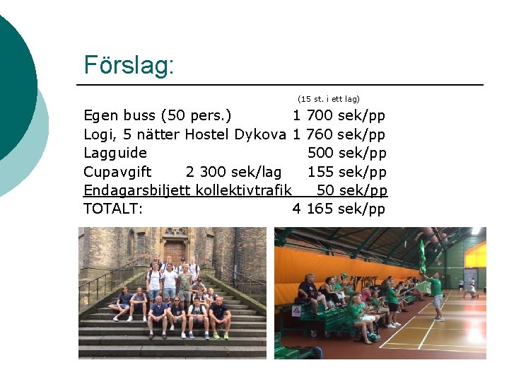 Förslag: (15 st. i ett lag) Egen buss (50 pers. ) 1 Logi, 5