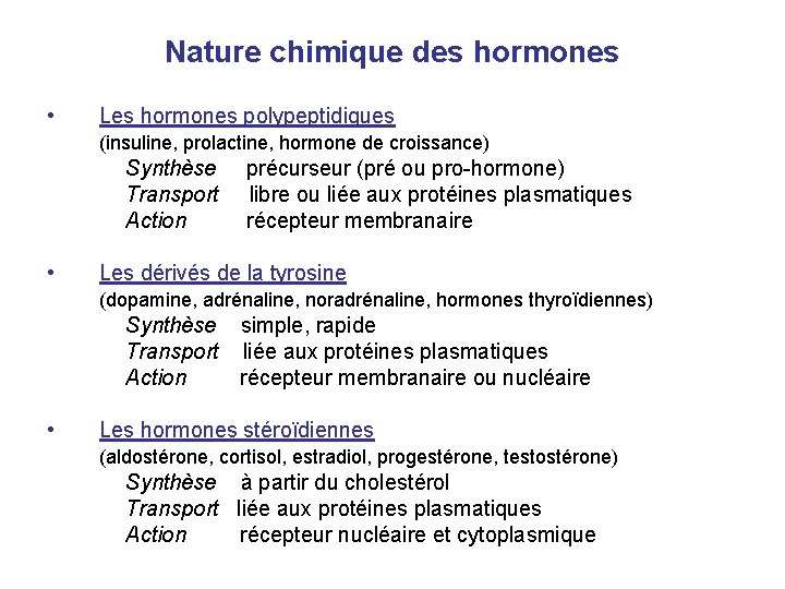 Nature chimique des hormones • Les hormones polypeptidiques (insuline, prolactine, hormone de croissance) Synthèse