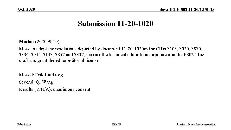 Oct. 2020 doc. : IEEE 802. 11 -20/1370 r 15 Submission 11 -20 -1020