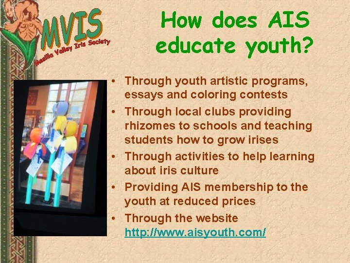 How does AIS educate youth? • Through youth artistic programs, essays and coloring contests