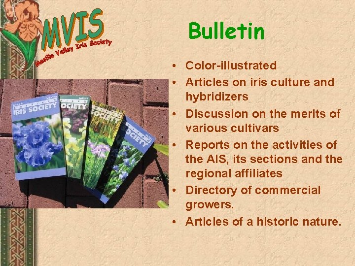 Bulletin • Color-illustrated • Articles on iris culture and hybridizers • Discussion on the