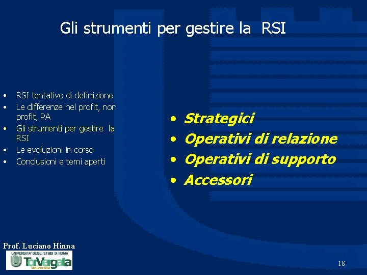 Gli strumenti per gestire la RSI • • • RSI tentativo di definizione Le