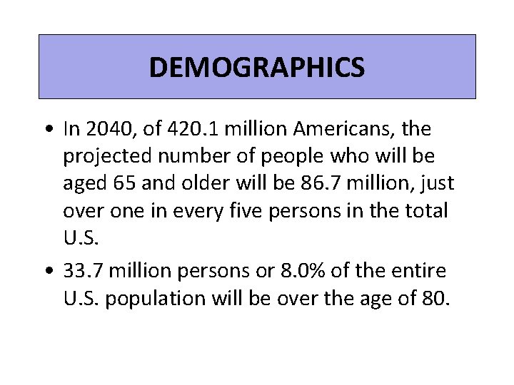 DEMOGRAPHICS • In 2040, of 420. 1 million Americans, the projected number of people