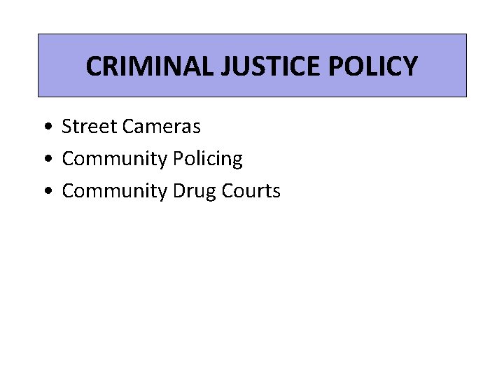 CRIMINAL JUSTICE POLICY • Street Cameras • Community Policing • Community Drug Courts 