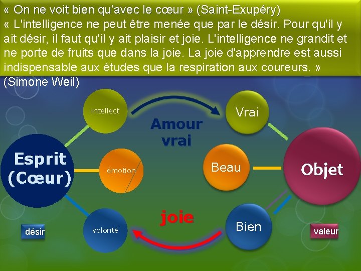  « On ne voit bien qu’avec le cœur » (Saint-Exupéry) « L'intelligence ne