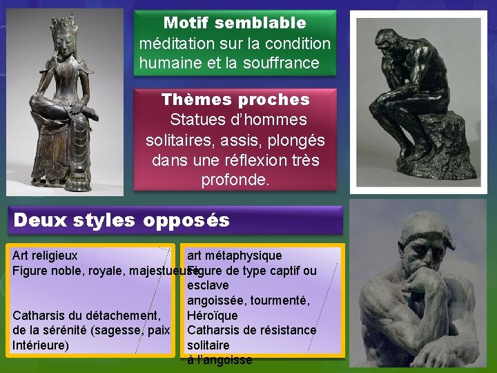 Motif semblable méditation sur la condition humaine et la souffrance Thèmes proches Statues d’hommes