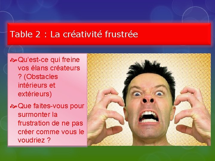 Table 2 : La créativité frustrée Qu’est-ce qui freine vos élans créateurs ? (Obstacles