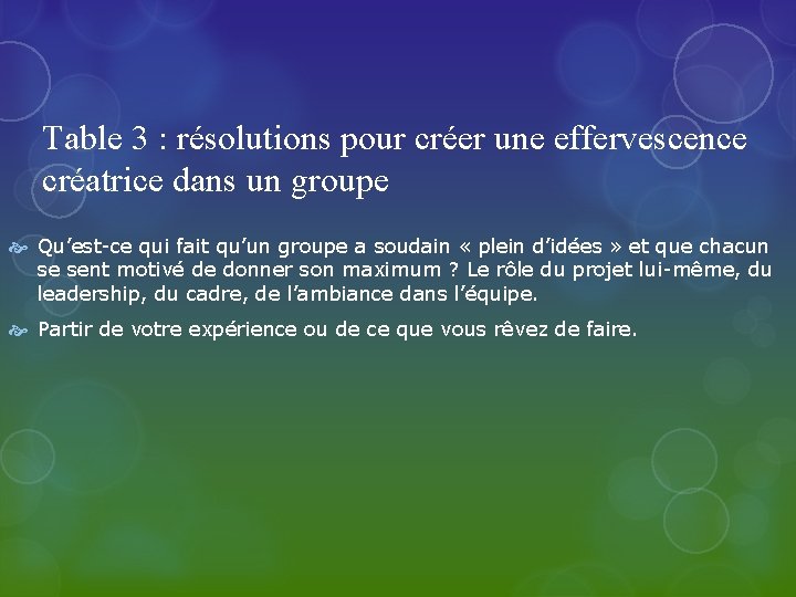 Table 3 : résolutions pour créer une effervescence créatrice dans un groupe Qu’est-ce qui