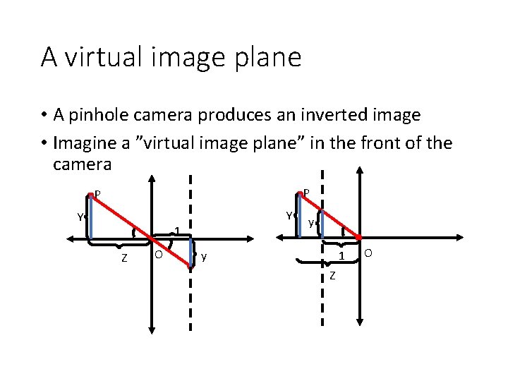 A virtual image plane • A pinhole camera produces an inverted image • Imagine