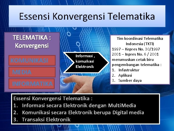 Essensi Konvergensi Telematika TELEMATIKA : Konvergensi KOMUNIKASI MEDIA INFORMATIKA Informasi , komuikasi Elektronik Tim