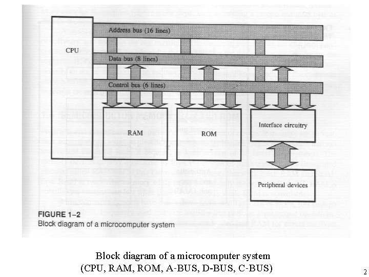 Block diagram of a microcomputer system (CPU, RAM, ROM, A‑BUS, D-BUS, C‑BUS) 2 