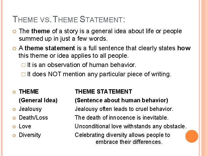 THEME VS. THEME STATEMENT: The theme of a story is a general idea about