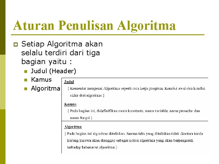 Aturan Penulisan Algoritma p Setiap Algoritma akan selalu terdiri dari tiga bagian yaitu :