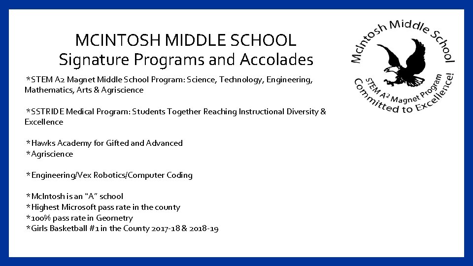 MCINTOSH MIDDLE SCHOOL Signature Programs and Accolades *STEM A 2 Magnet Middle School Program: