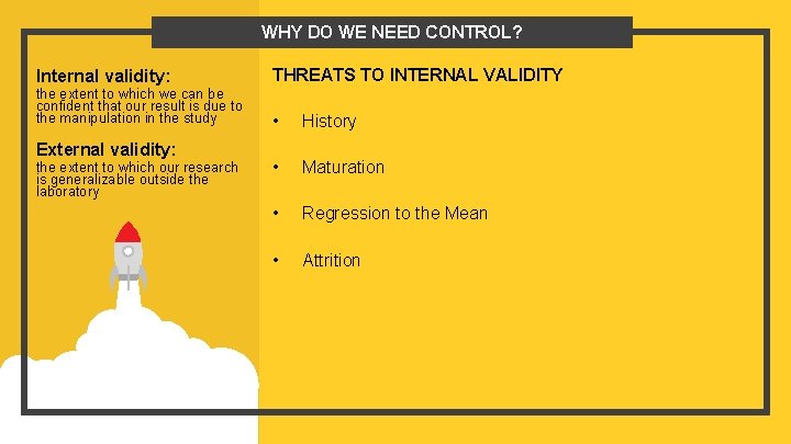 WHY DO WE NEED CONTROL? Internal validity: the extent to which we can be