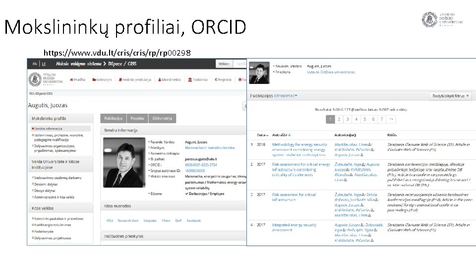 Mokslininkų profiliai, ORCID https: //www. vdu. lt/cris/rp/rp 00298 