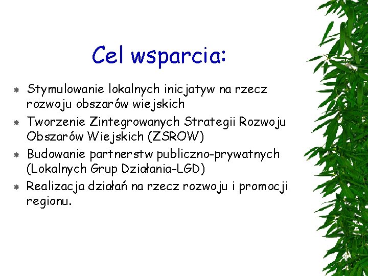 Cel wsparcia: Stymulowanie lokalnych inicjatyw na rzecz rozwoju obszarów wiejskich Tworzenie Zintegrowanych Strategii Rozwoju