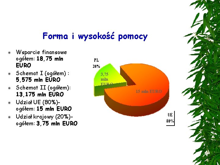 Forma i wysokość pomocy Wsparcie finansowe ogółem: 18, 75 mln EURO Schemat I (ogółem)