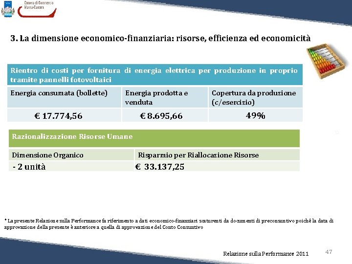 3. La dimensione economico-finanziaria: risorse, efficienza ed economicità Rientro di costi per fornitura di