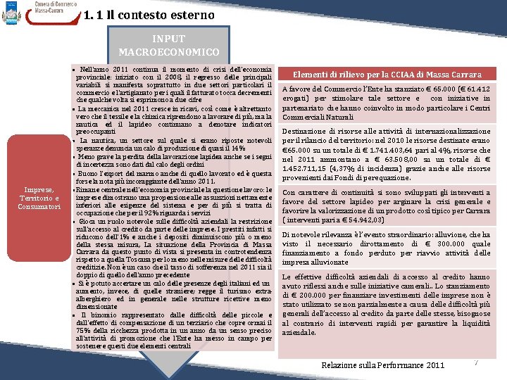 1. 1 Il contesto esterno INPUT MACROECON 0 MICO Imprese, Territorio e Consumatori •