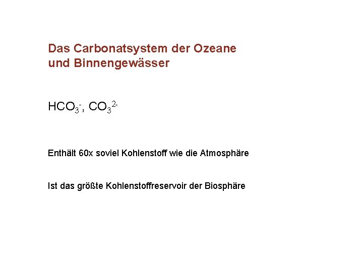 Das Carbonatsystem der Ozeane und Binnengewässer HCO 3 -, CO 32 - Enthält 60