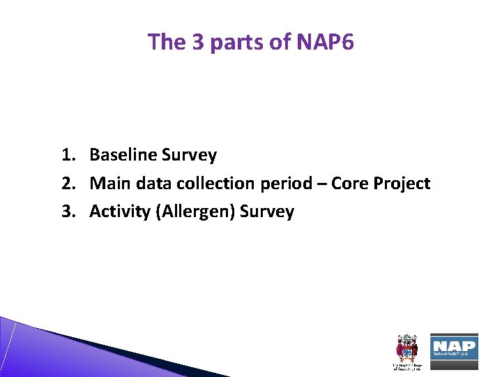 The 3 parts of NAP 6 1. Baseline Survey 2. Main data collection period