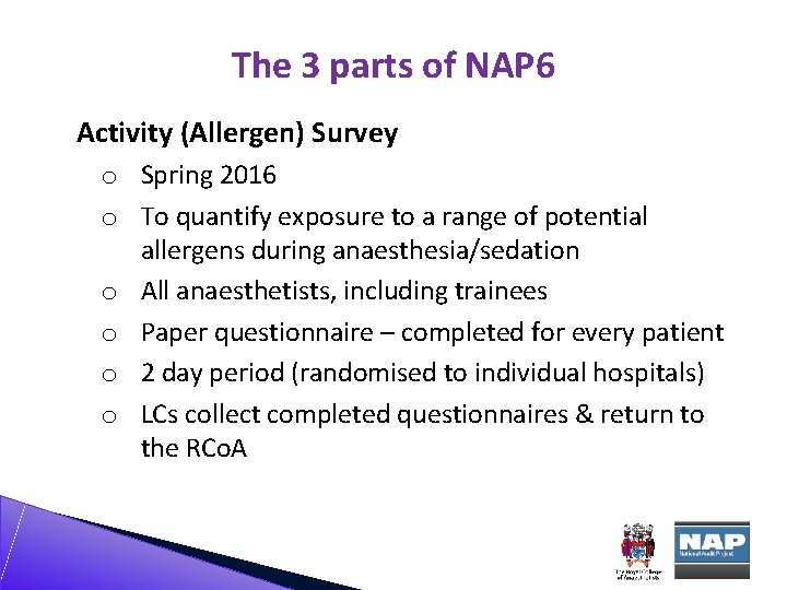 The 3 parts of NAP 6 Activity (Allergen) Survey o Spring 2016 o To