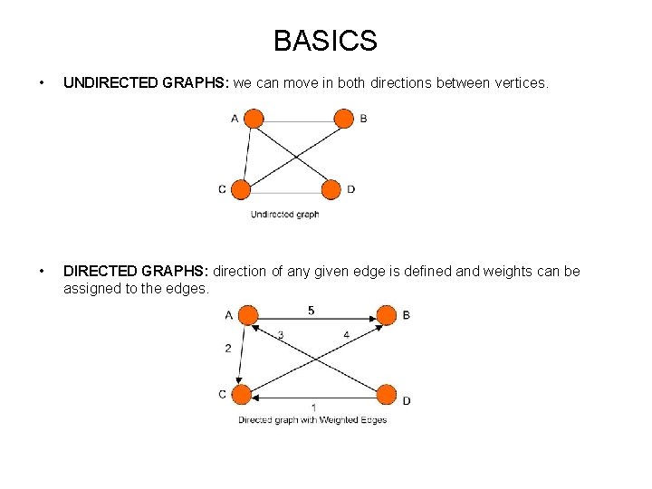 BASICS • UNDIRECTED GRAPHS: we can move in both directions between vertices. • DIRECTED