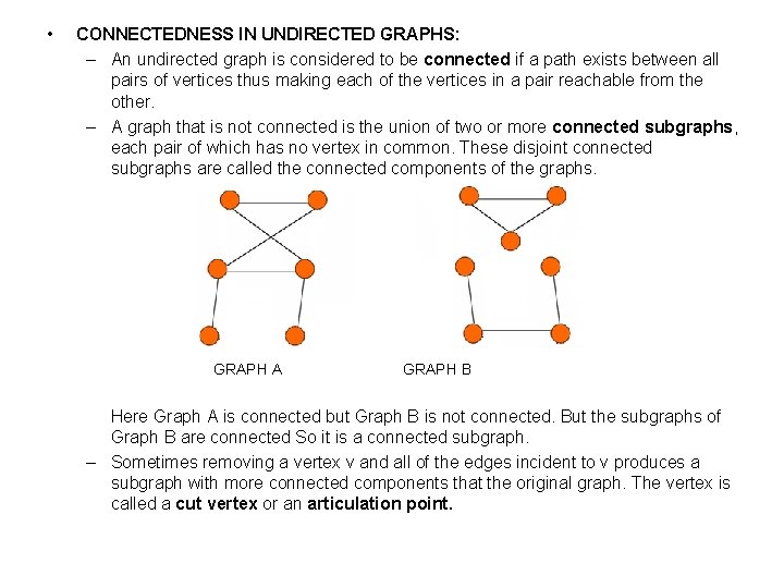  • CONNECTEDNESS IN UNDIRECTED GRAPHS: – An undirected graph is considered to be