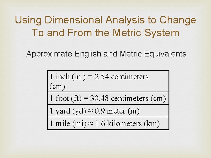 Using Dimensional Analysis to Change To and From the Metric System Approximate English and