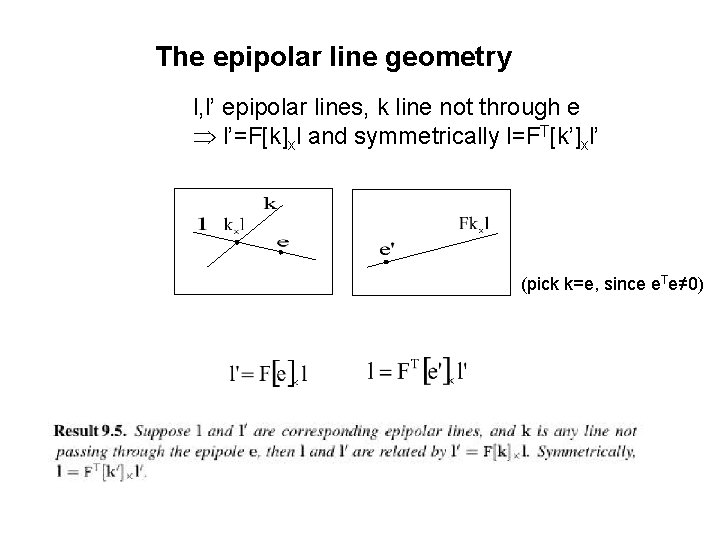 The epipolar line geometry l, l’ epipolar lines, k line not through e l’=F[k]xl