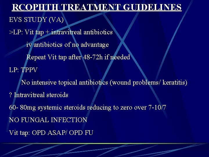 RCOPHTH TREATMENT GUIDELINES EVS STUDY (VA) >LP: Vit tap + intravitreal antibiotics iv antibiotics