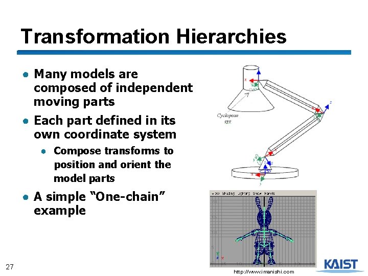 Transformation Hierarchies ● Many models are composed of independent moving parts ● Each part